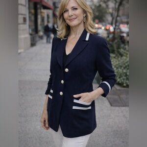 Vintage St. John by Marie Gray Navy Wool Knit Jacket with Baby Blue Ribbon Trim